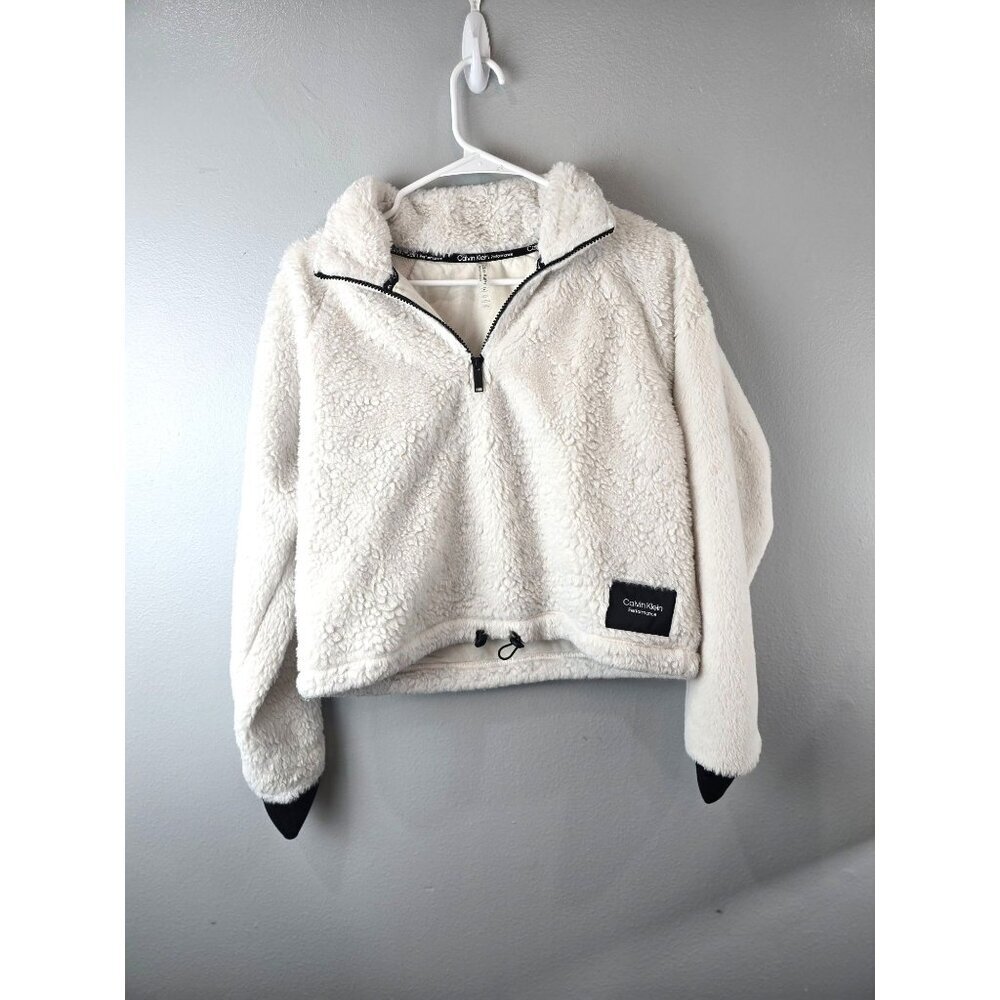 Calvin Klein Jacket Women's M White Sherpa Cropped 1/4 Zip Warm Performance Fall